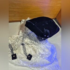 Vintage Pillbox Hat - Dark Navy Blue Velvet Juliet or Calot Style with Netting